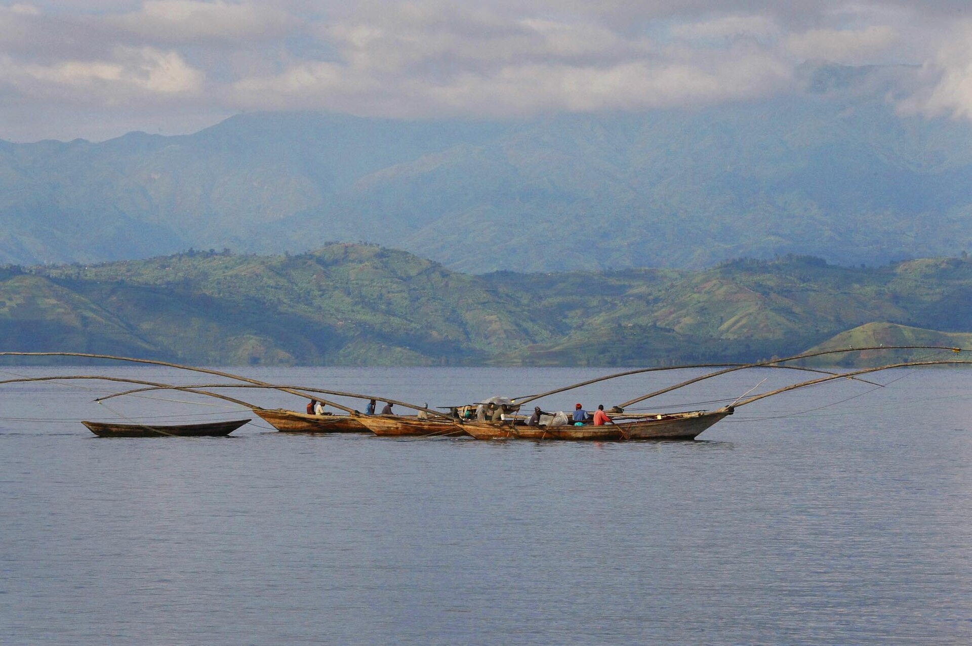 Traditional wooden boats on Lake Kivu, Rwanda.